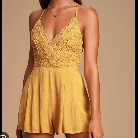 yellow lace romper dress Cosmos In Cozumel Lace Romper In Yellow